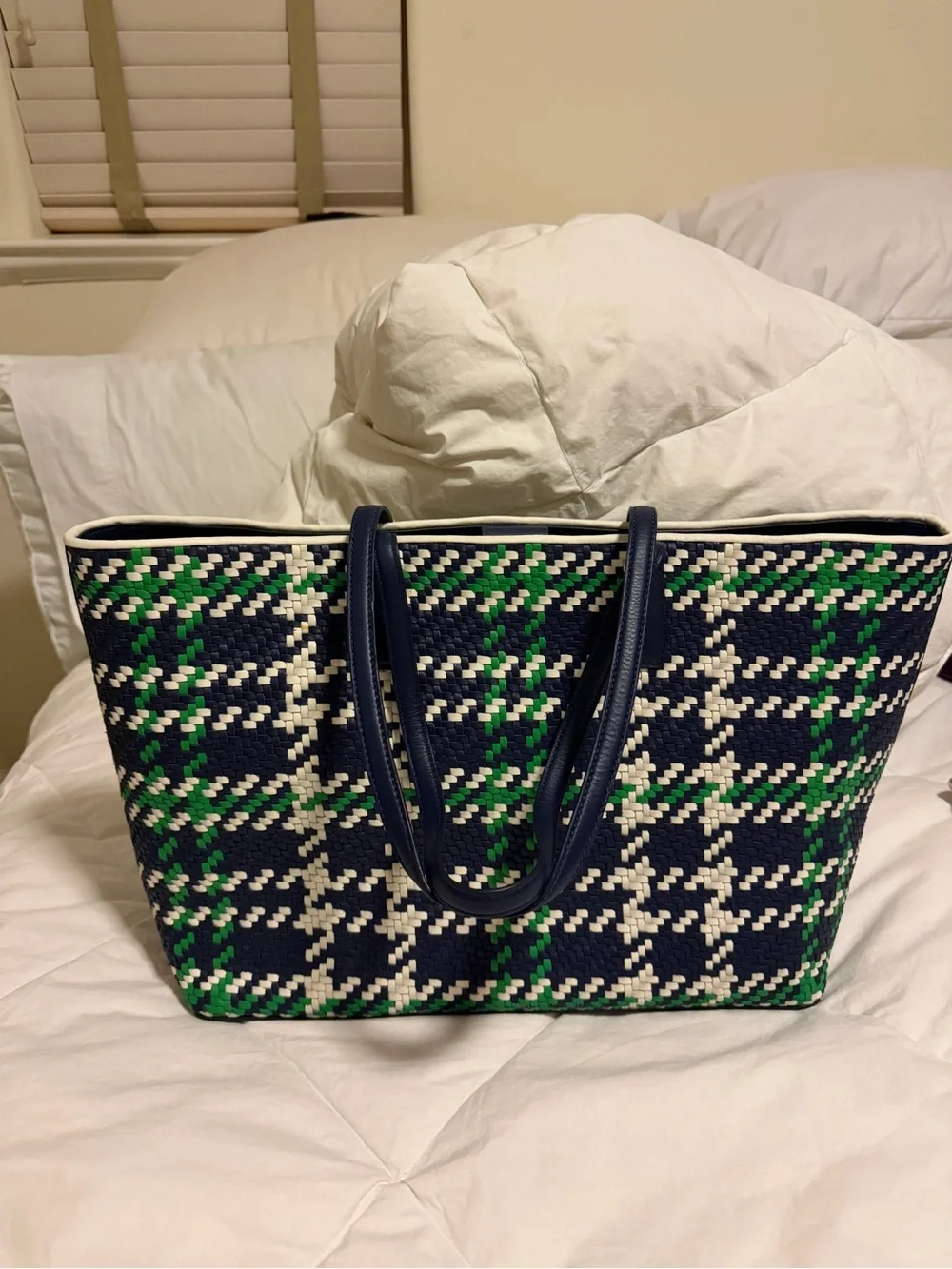 NWT Tory Burch Tote and Wallet Set duet woven in Navy, White & Green Plaid